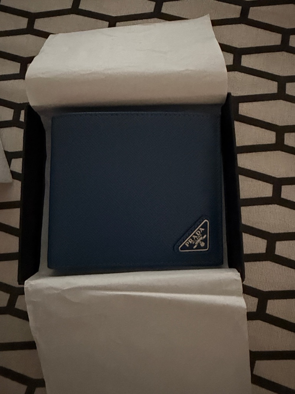 PRADA blue triangle logo Saffiano leather bifold wallet